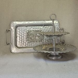 Vintage Silver Metal Serving Tray Hammered Fruit Design and 2 Tier Snack Tray